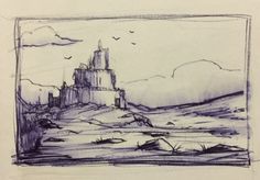 a drawing of a castle in the distance