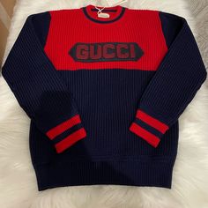 Brand New Gucci Big Kids Wool Sweatshirt 100% Wool Tag Is Attached Gucci Blue Casual Sweater, Gucci Casual Blue Sweater, Casual Blue Gucci Sweater, Gucci Blue Long Sleeve Sweater, Blue Long Sleeve Gucci Sweater, Gucci Crew Neck Sweater With Ribbed Cuffs, Gucci Casual Cotton Sweater, Gucci Long Sleeve Tops With Embroidered Logo, Blue Gucci Tops For Fall