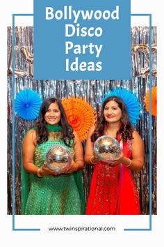 two women standing next to each other holding disco balls in front of a backdrop with the words hollywood disco party ideas