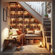 a room with stairs, bookshelves and a couch in the middle of it