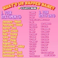 the poster for what's your rapper name?, which is in pink and yellow