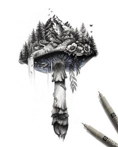 a pencil drawing of a mushroom with trees on it