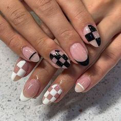 UGHH I love sets like these so much💖🏁 | Instagram Short Matte Nails Design Ideas, Short Square Nail Inspo 2024, Black Nails Designs Acrylic, Checked Nails Designs, Skater Nail Ideas, Checkered Nails Tutorial, Short Nails Ideas Black, Rock Concert Nails, Nashville Nails Ideas