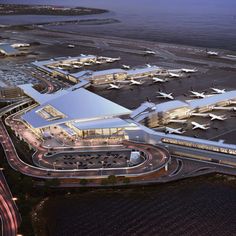 an aerial view of the airport at night