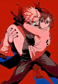 two anime characters hugging each other in front of red and blue background with text that reads,