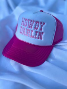 Trendy Howdy Darlin trucker hat. This saying can be added onto any color hat option, please make sure to select the color of hat you prefer.  In the description box give you thread color preference for what color howdy darlin will be embroidered in! If you don't specify then we will just choose a coordinating color for you ✨  Please check out all of our other adorable hat options ! If you have a custom request, there is a listing for that also, with whatever saying or design you want embroidered into a hat! Perfect option for bachelorette parties or girls trips 🥂  Check us out on IG @monarchsandmayhem or FB @ monarchs & mayhem Summer Trucker Hat, Cute Trucker Hat, Western Quotes, Girls Trips, Hat Western, Best Fonts, Bachelorette Parties, Coordinating Colors, Cool Fonts