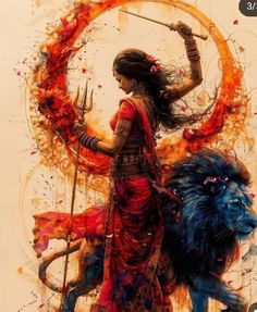 an artistic painting of a woman and a lion