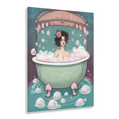 a painting of a woman in a bathtub with soap bubbles floating around her head