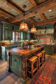 an old fashioned kitchen with green cabinets and wood flooring on the ceiling, along with wooden stools