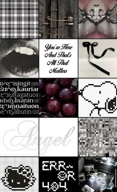 a collage of different images with words and pictures on them, all in black and white