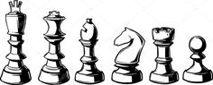 a set of chess pieces in black and white, with one king facing the other