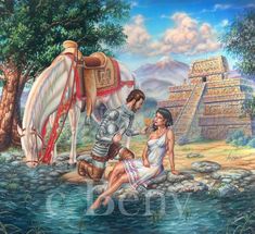 a painting of two women sitting on rocks next to a horse and pyramids in the background