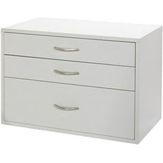 a white dresser with three drawers and two handles on each drawer, in front of a white background