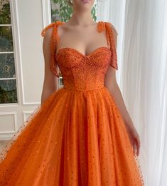 Teuta Matoshi Dresses, Matoshi Dress, Sequins Gown, Midi Prom Dress, Orange Prom Dresses, Sequined Gown, Formal Fashion Women, Bow Straps