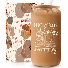 a coffee mug with the words i like my books, spicey and my coffee joy on it