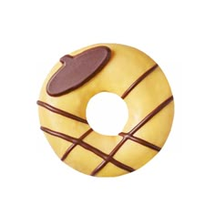 a donut with chocolate and cream icing on it's side, sitting in front of a white background