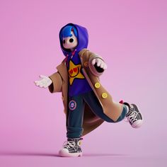 a toy figure is posed in front of a pink background wearing a coat and sneakers