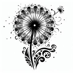 a black and white drawing of a dandelion flower with swirls on it