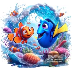 an image of finding nemo and dory in the ocean with bubbles on it