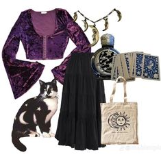 Purple black whimsy goth outfit celestial moon Whichy Vibes Outfit, 70s Whimsigoth Outfits, Wimsey Goth Style, Whismgoth Outfits, Gothic Hippie Aesthetic, Whimsical Goth Outfits, Whimsical Aesthetic Outfit, Whimsigoth 70s, Goth Hippie Outfits