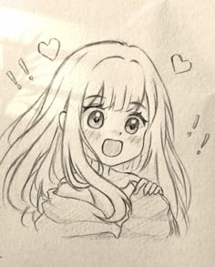 a pencil drawing of a girl with long hair and hearts above her head, looking at the camera