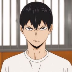 an anime man with black hair and blue eyes looking at the camera while wearing a white shirt