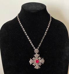 Sterling silver Jerusalem cross, puffy cross with cross chain pendant necklace. Red stone probably lab. created ruby.   Unmarked, tested positive for silver ( acid test )  L - 19.5" with spring ring  clasp  pendant - 2 7/8"  with bale x 2 1/8"  wt.: 46.94 grams  Excellent condition, vintage . Domestic shipping: USPS First class mail. 1-5 business days. I can file an insurance claim only after 20 business days after item was shipped I can not refund your money until claim is completed. Thank you. Cheap Red Cross Necklace, Insurance Claim, Cross Chain, Necklace Red, Red Cross, Red Stone, Chain Pendant, Chain Pendants, Oakley Sunglasses