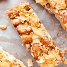 granola bars cut into squares and arranged on top of each other