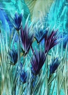 an abstract painting of purple flowers in the grass