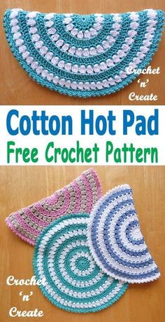 three crocheted coasters with the words cotton hot pad on top and bottom