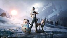 a man standing next to a snowman and two dogs