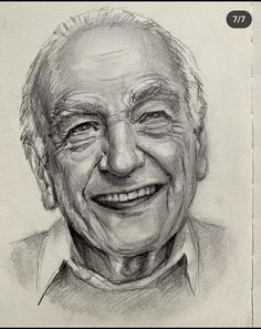 a pencil drawing of an older man smiling