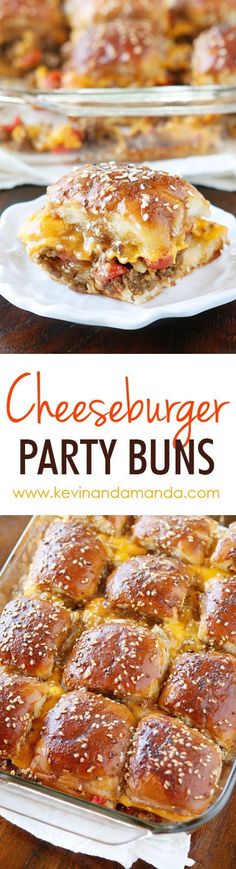 cheeseburger party buns on plates with text overlay