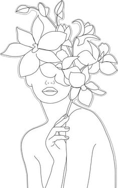 a line drawing of a woman holding a flower in her hand and looking at the camera