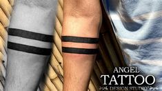 two men's arm tattoos with black strips on each arm and one has a tattoo on the other