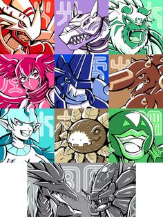 four different colored images of pokemon characters