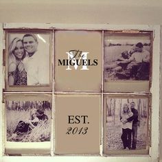 an old window is decorated with family photos and the words, the aurby's est est 2012