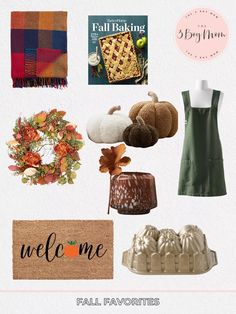 a collage of fall items including pumpkins, bundt cakes and other decorations