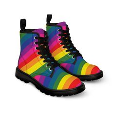 Be uniquely YOU with these colorful rainbow combat boots! Alt Shoes, Shoes Gothic, The Metric System, Pride Shoes, Goth Boots, 50th Anniversary Gifts, Rainbow Canvas, Metric System, Cute Goth