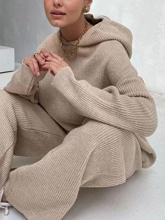 Loose Solid Color Round-Neck Hooded Long Sleeves Sweater Top + Drawstring Pants Bottom Two Pieces Set BLUE-L Rounded Wardrobe, Sweat Suits Women, Knit Two Piece Set, Wide Leg Pant Suit, Sport Sweater, Traje Casual, Sweatshirt Set, Sports Sweatshirts, Knit Hoodie