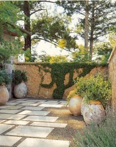 an outdoor area with several large vases and plants