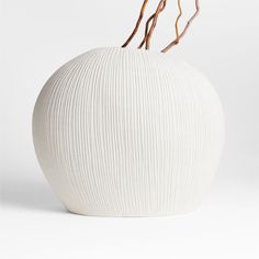 a white vase with branches sticking out of it's top and bottom, on a white background