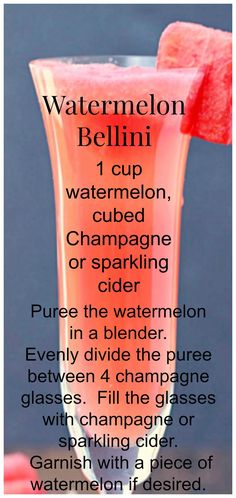 watermelon bellini recipe in a tall glass with a slice of watermelon on top