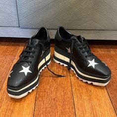 Great Condition! Vegan Leather. Comes From A Pet Free Smoke Free Home. Stella Mccartney Shoes, Stella Mccartney Elyse, Lace Up Shoes, Stella Mccartney, Black Silver, Vegan Leather, Size 7, Lace Up, Women Shoes