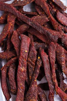 closeup of dried beef strips on a plate