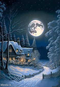 a painting of a snowy night with a house and full moon in the sky above it