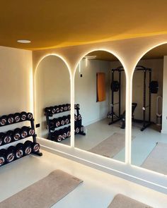 Windowless Home Gym, Home Gym And Sauna, Girly Home Gym, Fitness Gym Interior Design, Home Gym Lighting, Gym With Sauna, Small Space Home Gym, In Home Gym