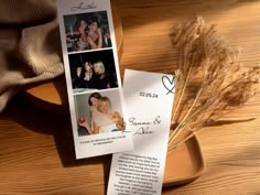 two wedding cards with photos on them next to some dried flowers