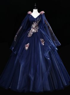 Experience a night of enchantment in this exquisite Navy Blue Tulle V-neck Sequins Embroidery Quinceanera Dress. This elegant ball gown showcases a dazzling v-neckline with delicate sequin embroidery that accents the bodice and flows down to the full skirt. The sequin embroidery is complemented with a tulle fabric and a lovely navy blue hue Princesa Aesthetic, Navy Blue Ball Gown, Design Gown, Blue Princess Dress, Quinceanera Themes Dresses, Quinceñera Dresses, Purple Wedding Dress, Elegant Ball Gowns, Blue Ball Gowns