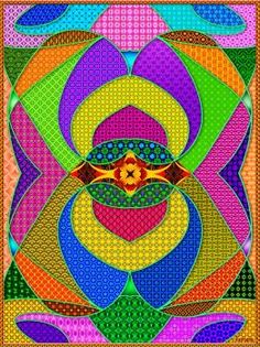 an abstract art work with many colors and shapes in the center, including circles and dots